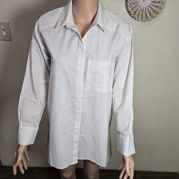 Anthropologie Striped Button Down Shirt Tunic Top Size Xs White/ Black - Picture 6 of 11